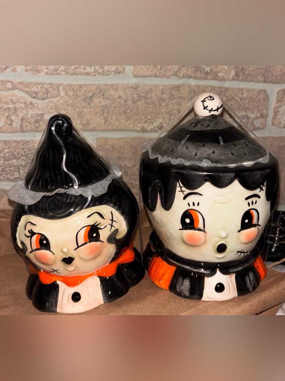 Johanna Parker Vintage Black & Orange Halloween Ceramic Frankenstein canisters